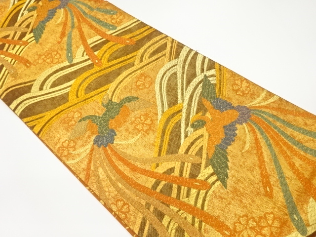 鳳凰に桜・抽象波模様織出し袋帯